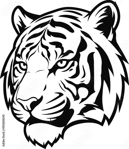 A black and white illustration of a tiger's head with intense gaze