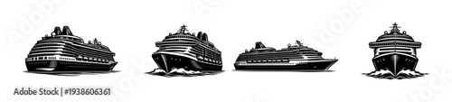 Set of cruise ship silhouettes, nautical vector illustration of ocean liners