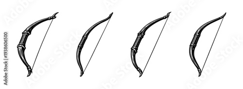 Set of four vintage archery bows black and white vector illustration design
