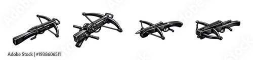 Illustration of vintage crossbows silhouette set vector black and white design