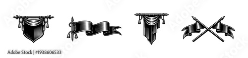 Vintage vector illustration of heraldic banners and flags in black and white