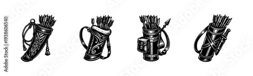 Vintage archery quiver set with arrows vector illustration in black and white style
