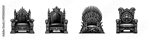 Intricately designed black and white throne illustrations set in vector style