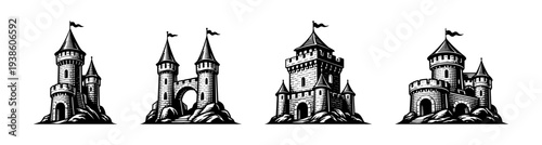 Vintage medieval castle towers illustration set in black and white vector style