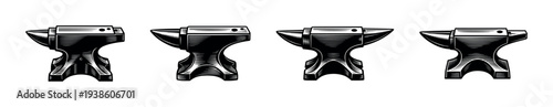 Vintage blacksmith anvil silhouette set vector illustration of metalworking tools