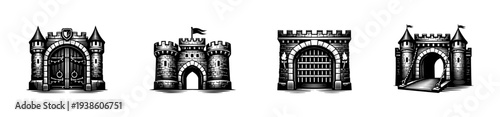 Set of four black and white castle gate illustrations in vector style