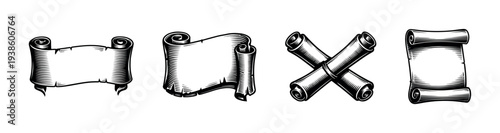 Vintage scroll banner set vector illustration of rolled paper scrolls in black and white