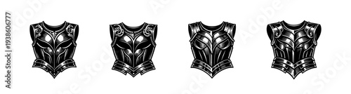 Black and white vector illustration of ornate medieval armor set silhouette