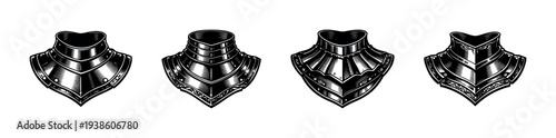 Vintage style black and white medieval armor collar silhouette illustration set