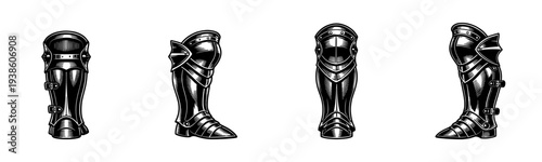 Illustration of medieval knight armor boots, black and white vector set