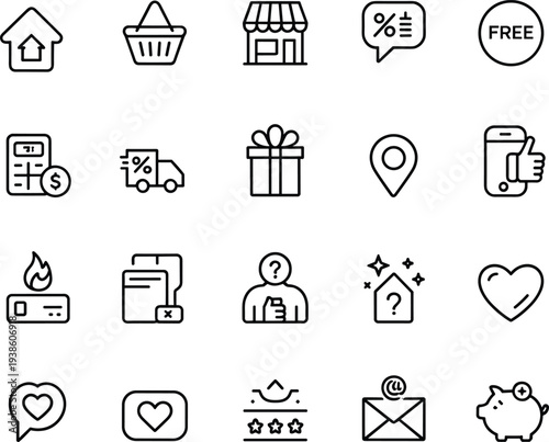 Ecommerce icons set, online shopping symbols, discount offer graphics, delivery truck, gift box, piggy bank, customer service, mobile commerce