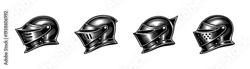 Medieval knight helmets illustration vector set in black and white style