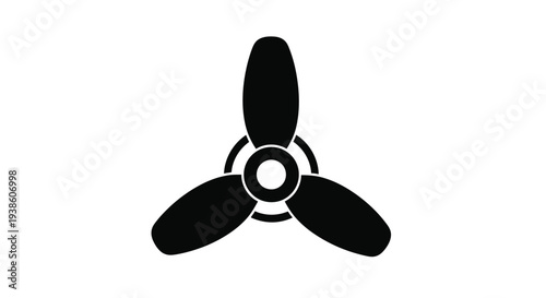 Simple black silhouette of a three bladed ceiling fan on white