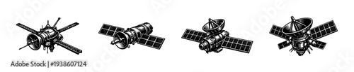 Set of four vintage satellite illustrations in black and white silhouette style