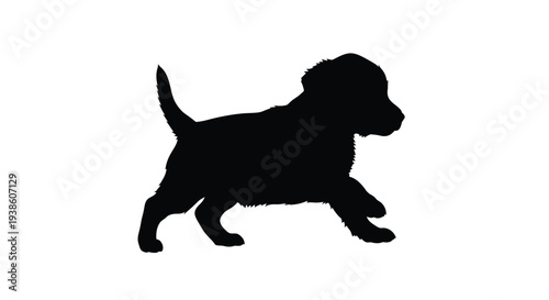 Silhouetted puppy walking to the right on a white background