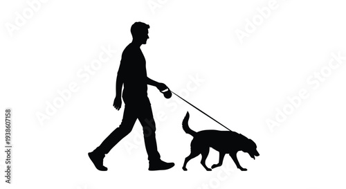 Silhouette of a man walking his dog on a white background