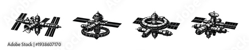 Space station illustrations set in black and white silhouette style