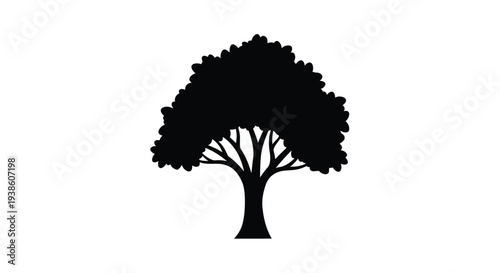 Simple black silhouette of a lush full tree against a white background