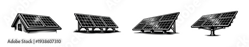 Black and white vector illustrations of solar panel installations silhouettes