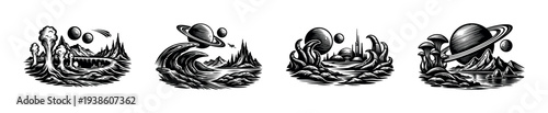 Black and white space landscapes with planets and alien terrains, vector illustration set