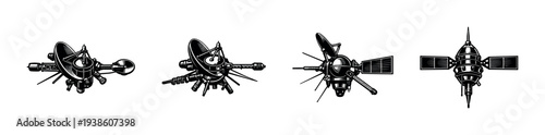 Vintage spacecraft illustration set of four silhouette satellite designs in black and white