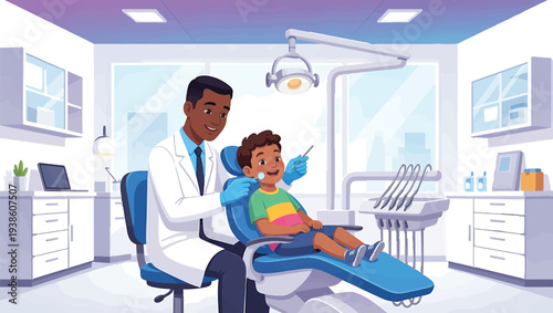 Friendly African American dentist gently examines a young boy seated in a modern, brightly lit dental examination chair.
