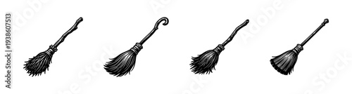 Vintage witch broomstick set illustration black and white vector silhouette collection