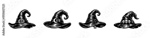 Set of four halloween witch hats silhouette vector illustration in black and white