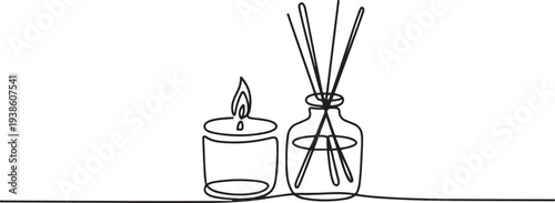Continuous one line drawing of Candle and Reed Diffuser Oil. one line art icon drawing vector