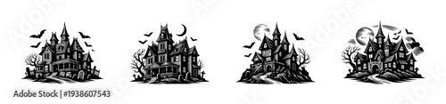 Black and white haunted house silhouettes with trees and bats illustration set