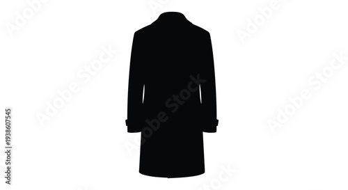 A stark silhouette of a long dark overcoat against a white background