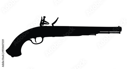 Silhouette of an antique flintlock pistol against a white background