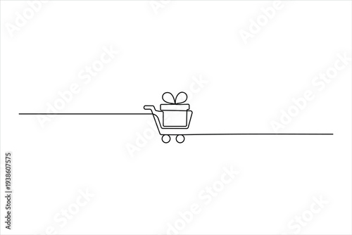 Minimalist one-line art of a shopping cart with a gift box and bow inside. Clean black continuous line representing holiday shopping and giving.