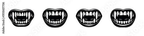 Set of four black and white vampire mouth illustrations with fangs silhouette