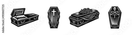 Black and white vector illustration set of coffin designs including cross and skull motifs