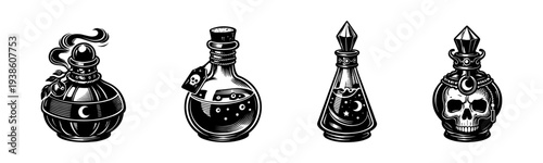 Vintage potion bottles vector illustration with skull gothic elements
