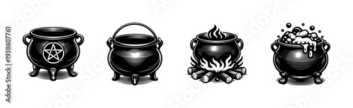 Vintage black and white cauldron vector set with witchcraft and magic themes