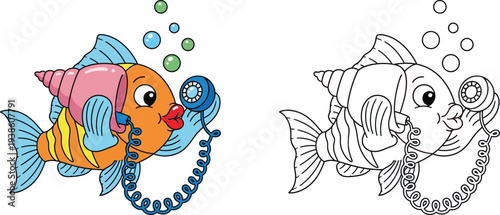 Cartoon Fish Talking on a Seashell Phone Cute Underwater Animal Character with Retro Telephone for Coloring Book or Kids Design