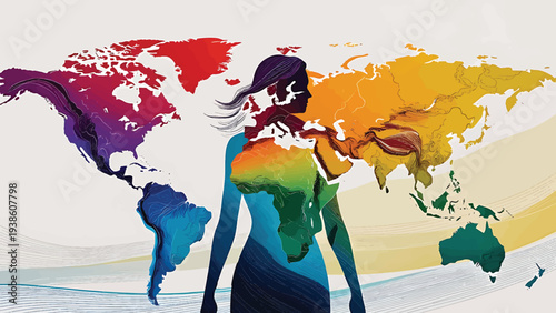 Female silhouette overlays a vibrant, multi-colored world map emphasizing global connection and diversity.