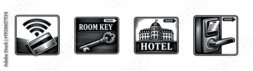 Vector illustration set of hotel keycards and icons in black and white design