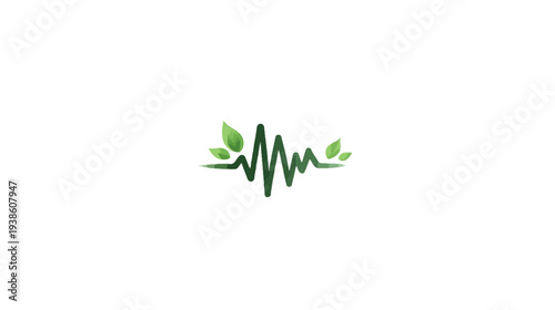 Green Heartbeat Line with Organic Leaves on White Background - Nature, Health, Wellness, Eco-Friendly Concept