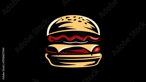 Classic Hamburger Illustration with Bacon and Cheese on Black Background. Delicious Fast Food Graphic for Menu or Restaurant Design.