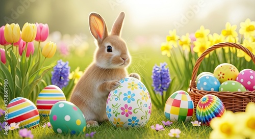 Easter bunny surrounded by colorful eggs and flowers on ester day