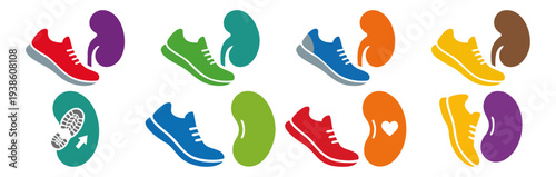 HEALTHY LIFESTYLE - Running shoe next to a kidney silhouette  Flat Vector Illustration on Transparent Background