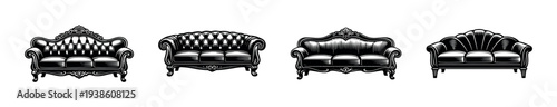 Vintage sofa collection vector silhouette set with ornate and classic designs