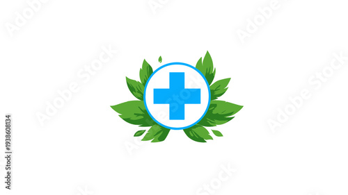 Natural health and medical cross logo concept with green leaves. Herbal medicine and wellness icon for pharmacy or holistic care.