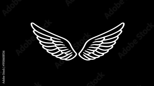 Minimalist white outline wings graphic on black background, symbolizing freedom, flight, and aspiration.