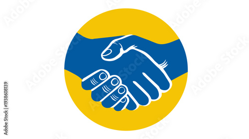 Stylized handshake icon in blue and yellow circle, representing business partnership, agreement, cooperation, trust, and deal.