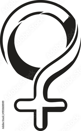 A stylized black and white symbol representing the female gender with a circular shape and cross