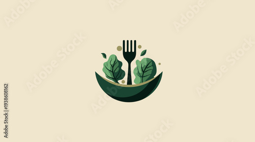 Healthy food icon with fork and green leafy vegetables in a bowl, symbolizing organic nutrition, vegan diet, and natural eating.